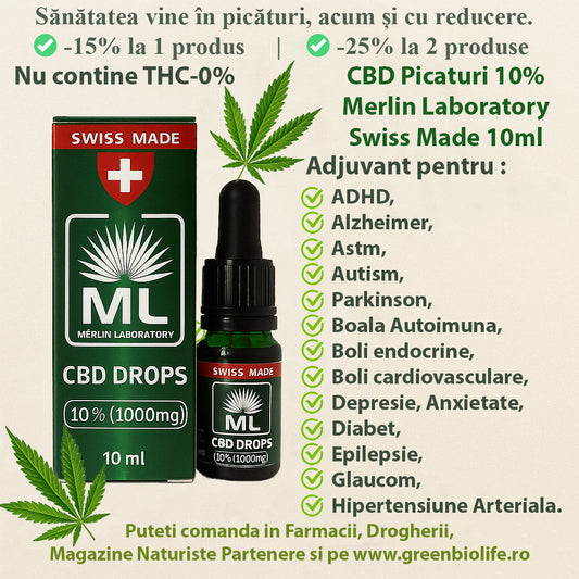 CBD Picaturi 10% Merlin Laboratory Swiss Made 10ml