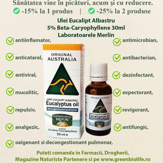 Ulei Eucalipt Albastru 5% Beta-Caryophyllene 30ml Laboratoarele Merlin