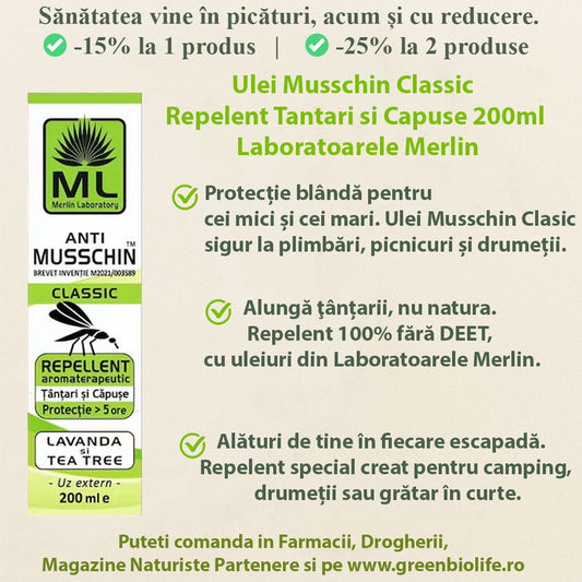 Ulei Musschin Classic Repelent Tantari si Capuse 200ml Laboratoarele Merlin