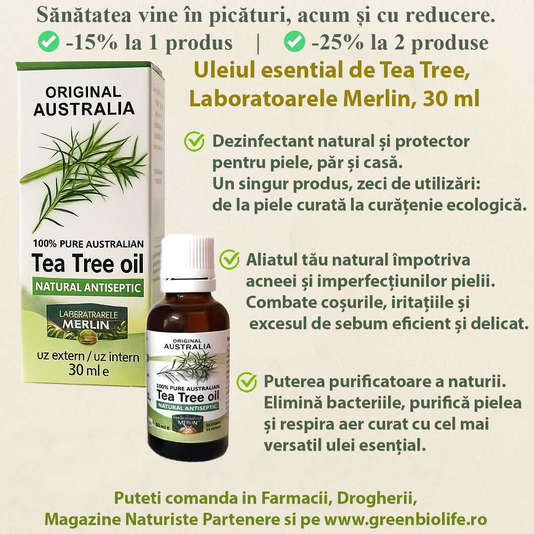 Uleiul esential de Tea Tree, Laboratoarele Merlin, 30 ml