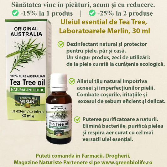 Uleiul esential de Tea Tree, Laboratoarele Merlin, 30 ml